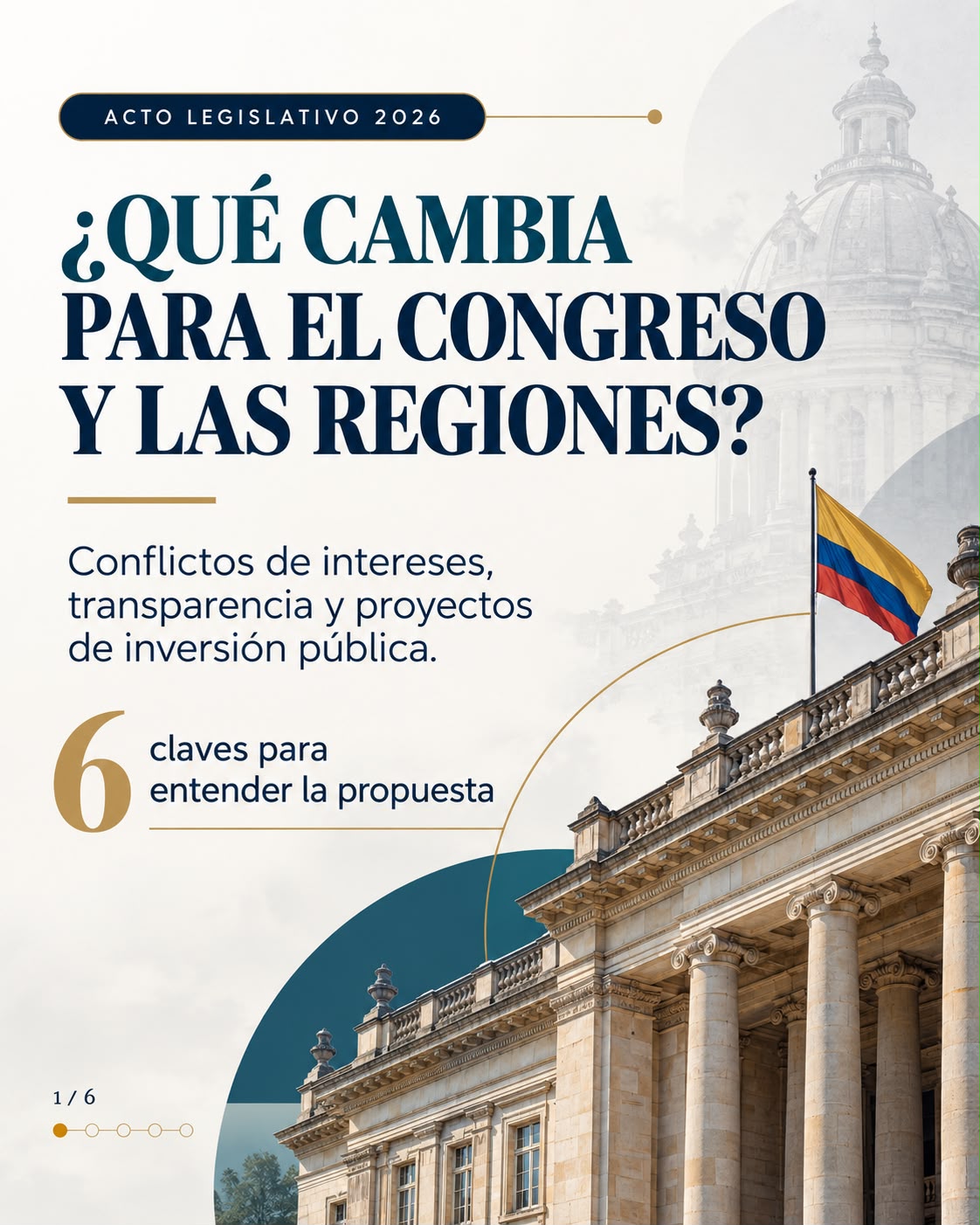 Lámina 1 de 6. Acto legislativo 2026: ¿Qué cambia para el Congreso y las regiones? Conflictos de intereses, transparencia y proyectos de inversión pública. Seis claves para entender la propuesta.