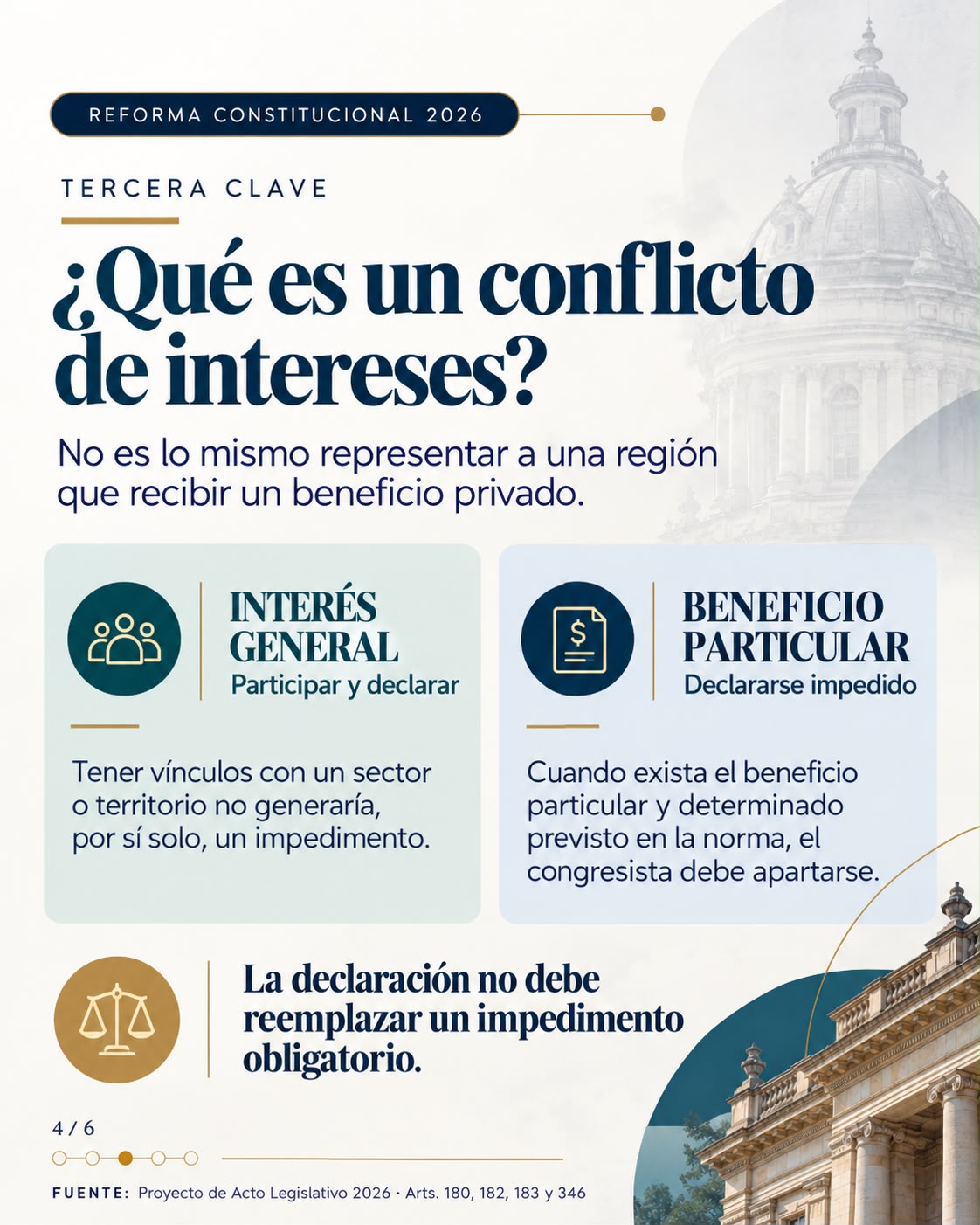 Lámina 4 de 6. Tercera clave, ¿qué es un conflicto de intereses? No es lo mismo representar a una región que recibir un beneficio privado. El interés general implica participar y declarar; el beneficio particular obliga a declararse impedido. La declaración no debe reemplazar un impedimento obligatorio.